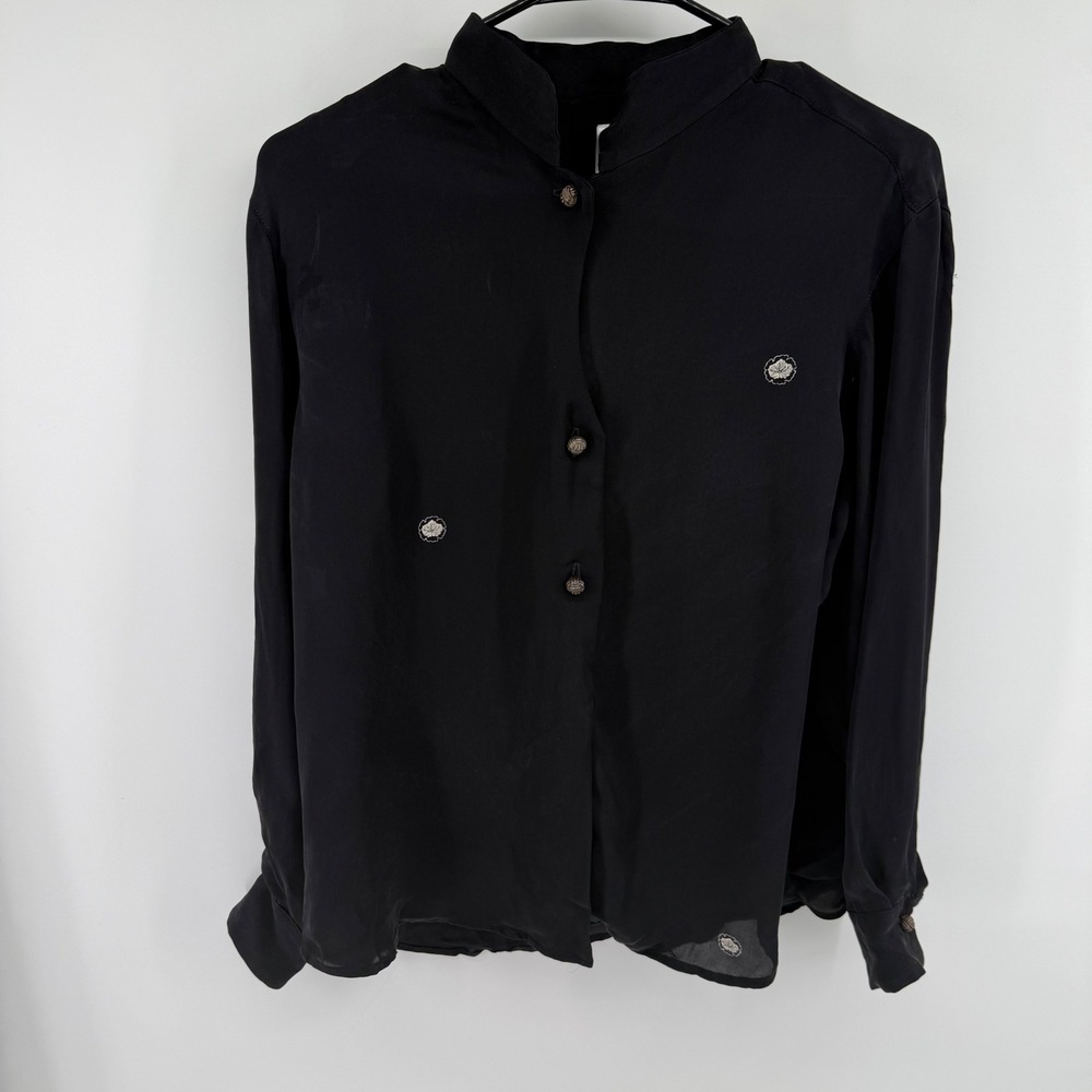 Max & Mabel Womens Black 100% Silk Mandarin‎ Collar Embroidered Blouse Medium